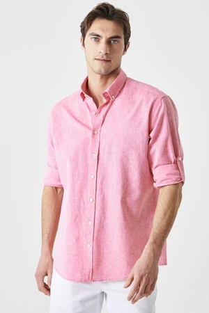 AC&Co / Altınyıldız Classics Men's Fuchsia Linen Comfort Fit Relaxed Cut Button Collar Casual Shirt