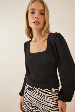 Happiness İstanbul Women's Black Square Collar Knitted Textured Blouse