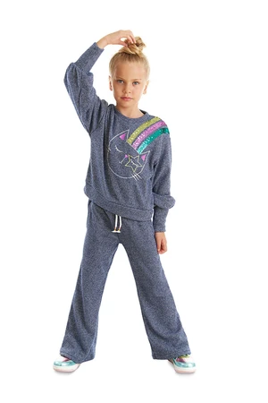 Mushi Shiny Cat Navy Blue Girls' Knitwear Tracksuit Set.