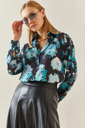 XHAN Blue Patterned Flowy Satin Shirt