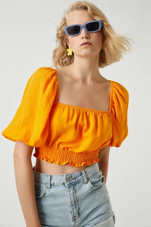 Koton Crop Blouse with Elastic Waist Linen Blend