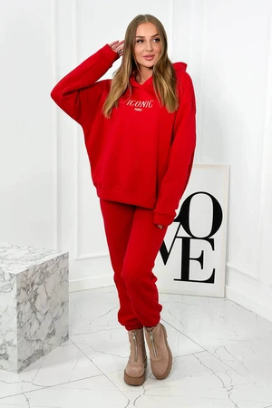 Insulated cotton set, sweatshirt with embroidery + trousers red