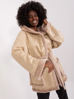 Beige short winter coat with a hood