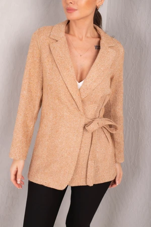 armonika Women's Camel Side Tie Herringbone Patterned Cachet Jacket