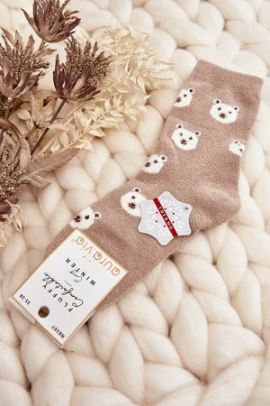 Women's warm socks with teddy bears and polka dots, beige