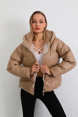 BİKELİFE Women's Beige Leather Hooded Puffer Coat