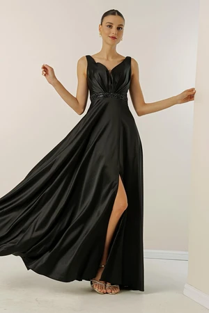 By Saygı V-Neck Wide Straps, Bead-lined Waistline, Wide Body Evening Long Satin Dress