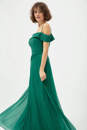 Lafaba Women's Emerald Green Thin Straps Boat Neck Silvery Long Evening Dress