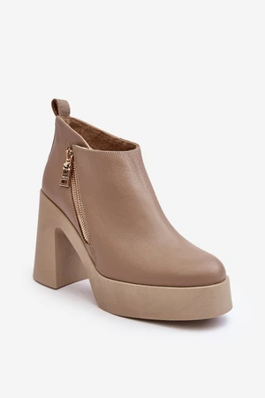 Women's Solid High Heel Ankle Boots with Zipper Zazoo Beige