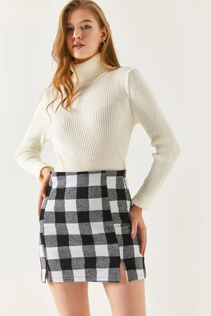 armonika Women's Checker Pattern Stitched Slit Mini Skirt