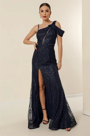 By Saygı Navy Blue One Side Rope Straps Waist Beaded Lined Sequin Embroidered Front Slit