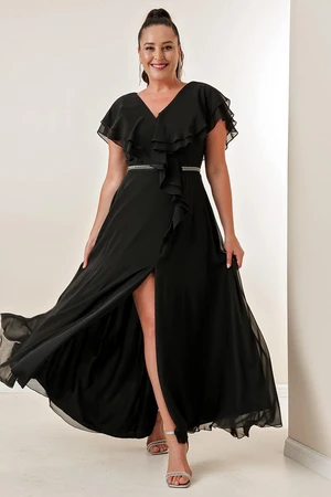 By Saygı V-Neck Plus Size Long Chiffon Dress with Ruffles, Stony Waist, and a Front Slit.