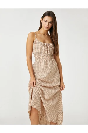 Koton Long Dress with Gingham and Thin Straps Gipeal Waist