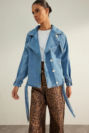 Trendyol Blue Button Detailed Oversize Trench Coat Denim Jacket