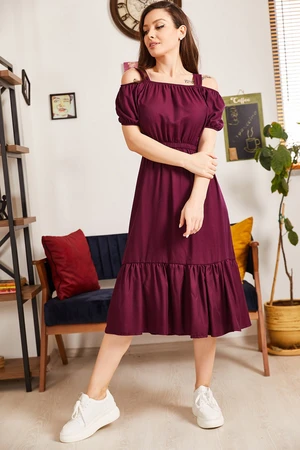 armonika Women's Plum Dress with Elastic Waist and Straps