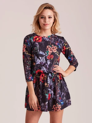 Black dress with colorful floral pattern