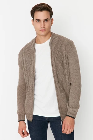 Trendyol Mink Slim Fit Knitted Detailed Knitwear Cardigan with Zipper Pockets