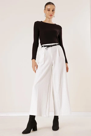 By Saygı Belted Waist Longitudinal Pinstripe Palazzo Trousers with Side Pockets