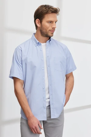 ALTINYILDIZ CLASSICS Men's Blue Comfort Fit Wide, Comfortable Cut Buttoned Collar Dobby Short Sleeve Shirt.