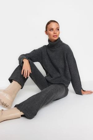 Trendyol Anthracite Soft Textured Basic Trousers and Tricot Top-Top Set