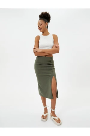 Koton Midi Skirt with Slit Detailed Crepe with Pleats.