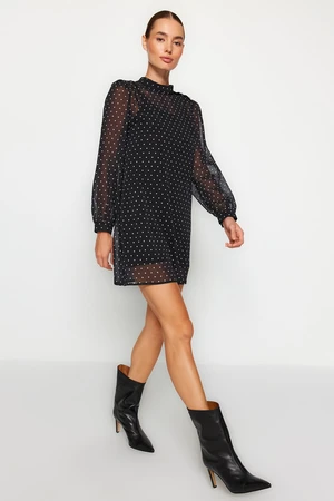 Trendyol Black Stone Button Detailed Polka Dot Lined Mini Chiffon Woven Dress