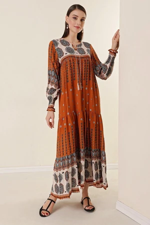 By Saygı Lace-Up Patterned Long Dress With Tile Tile