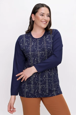 By Saygı Stone Stripe Pattern Long Sleeve Plus Size Lycra Viscose Blouse, Navy Blue