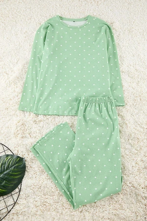 Trendyol Curve Mint Heart and Polka Dot Patterned Knitted Pajama Set