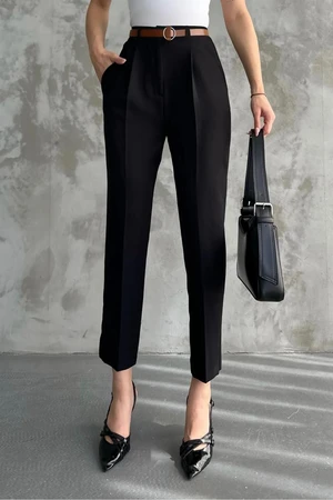 67537 Dewberry Skinny Leg Belted Women Trousers-BLACK