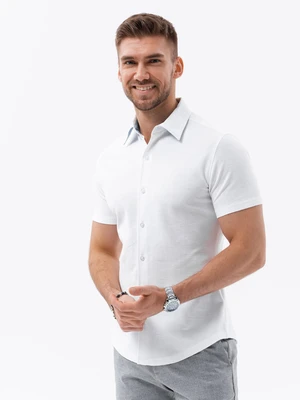 Ombre Men's knitted slim fit shirt with short sleeves and collar - white