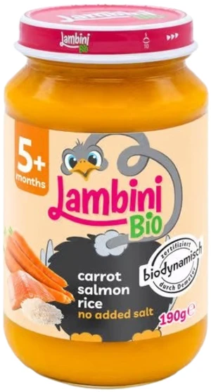 LAMBINI BIO Demeter příkrm mrkev, rýže a losos 190 g