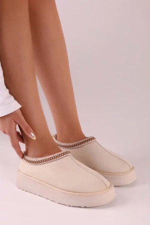 Shoeberry Women's Uggps Beige Pile Short Suede Plain Slippers Beige Textile.