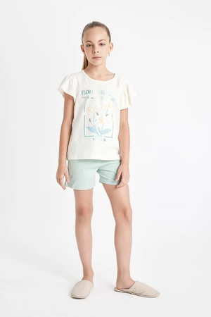 DEFACTO Girls Pajama Set Crew Neck Printed Short Sleeve Top Shorts