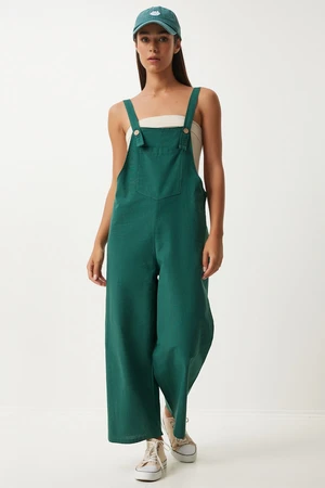 Happiness İstanbul Women's Emerald Green Strappy Thin Gabardine Summer Gardener Overalls