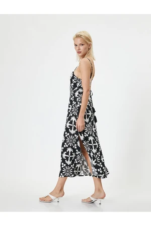 Koton Thin Strap Midi Floral Dress Linen Blend Slit Detail Tie Back