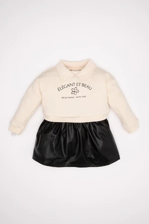 DEFACTO Baby Girl Crew Neck Floral Printed Faux Leather Skirted Long Sleeve Sweatshirt Dress