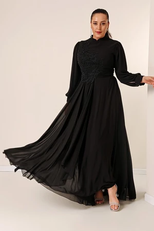 By Saygı Beaded Embroidered Lined Plus Size Long Chiffon Dress with Flounce on the Front