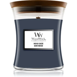 Woodwick Indigo Suede vonná sviečka s dreveným knotom 85 g