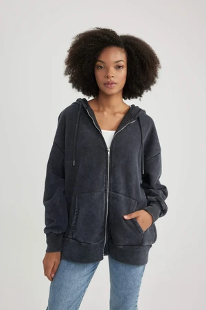 DEFACTO Oversize Fit Hooded Thick Sweatshirt Fabric Cardigan