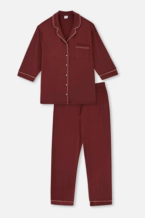 Dagi Brown Piping Detailed Shirt Collar Pajamas Set