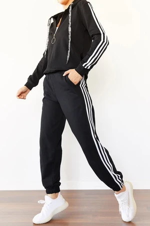 XHAN Women's Black Tri-Striped Tracksuit Set