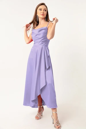 Lafaba Women's Lilac Ruffles and Slit Satin Midi Length Evening Dress & Prom Dress