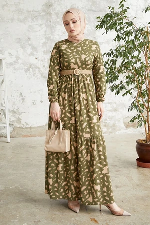 InStyle Rena Patterned Dress with a Straw Belt - Khaki