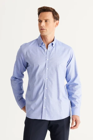 ALTINYILDIZ CLASSICS Men's Blue Comfort Fit Relaxed Cut Buttoned Collar 100% Cotton Dobby Shirt