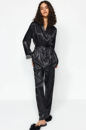 Trendyol Black Premium Satin Lace and Tie Detail Woven Pajamas Set