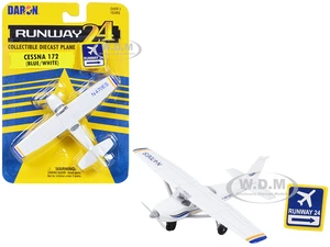 Cessna 172 Aircraft White with Blue and Yellow Stripes "N470ES" with Runway 24 Sign Diecast Model Airplane by Runway24