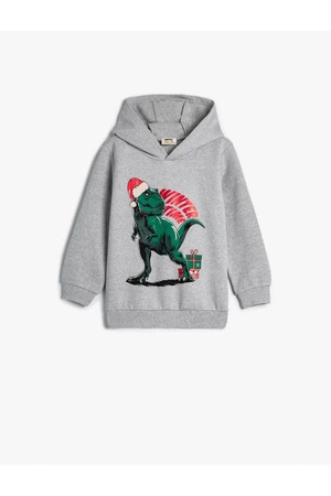 Koton Hooded Sweat Christmas Themed Dinosaur Print Raised