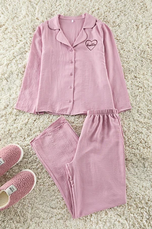 Trendyol Pink Slogan and Heart Embroidered Satin Woven Pajama Set