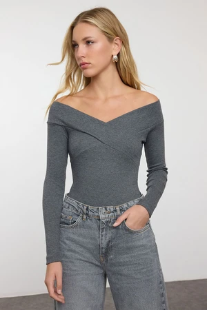 Trendyol Dark Gray Snap-On Carmen Collar Ribbed Stretchy Knitted Bodysuit